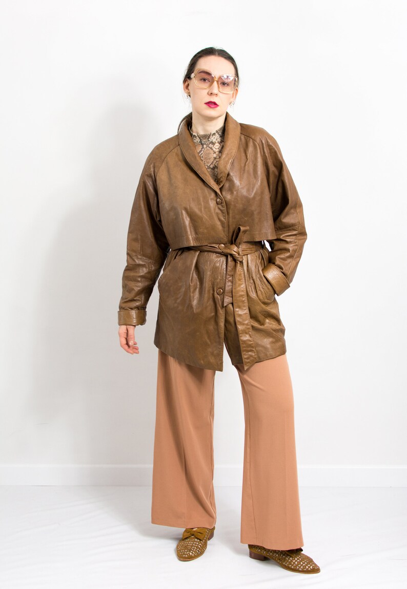Oversized leather jacket Vintage brown belted trench coat women size M/L image 4