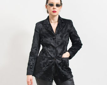 Black faux fur blazer Vintage tailored jacket retro women size M/L