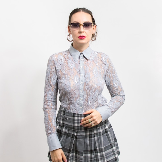 Lace Shirt Vintage Sheer Gray Top Mesh Long Sleeve Women