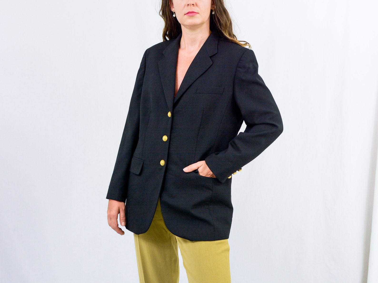 Black Blazer Gold Buttons Vintage Oversized Jacket 80s Women Christine