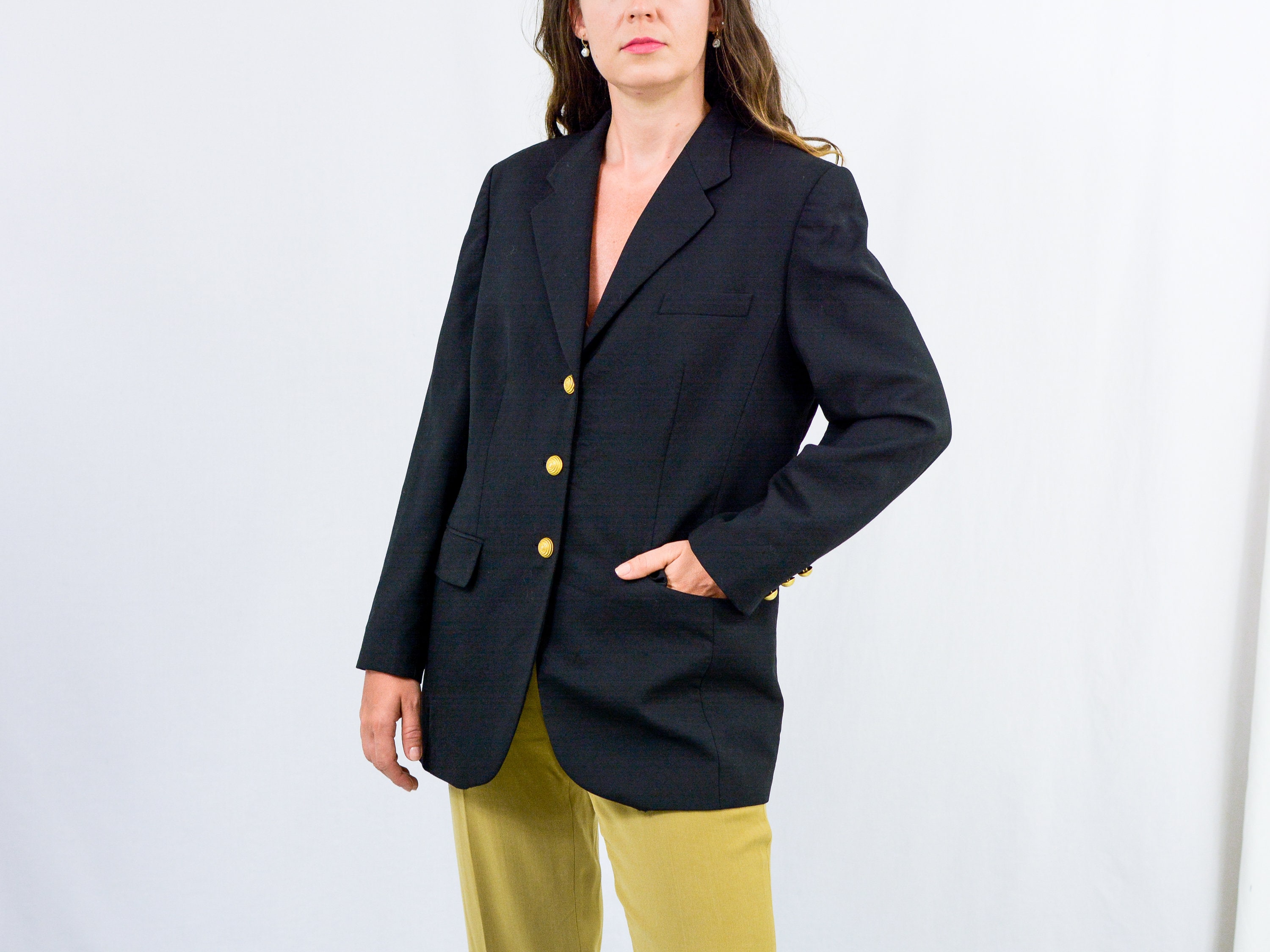 Black Blazer Gold Buttons Vintage Oversized Jacket 80s Women Christine XL Etsy UK