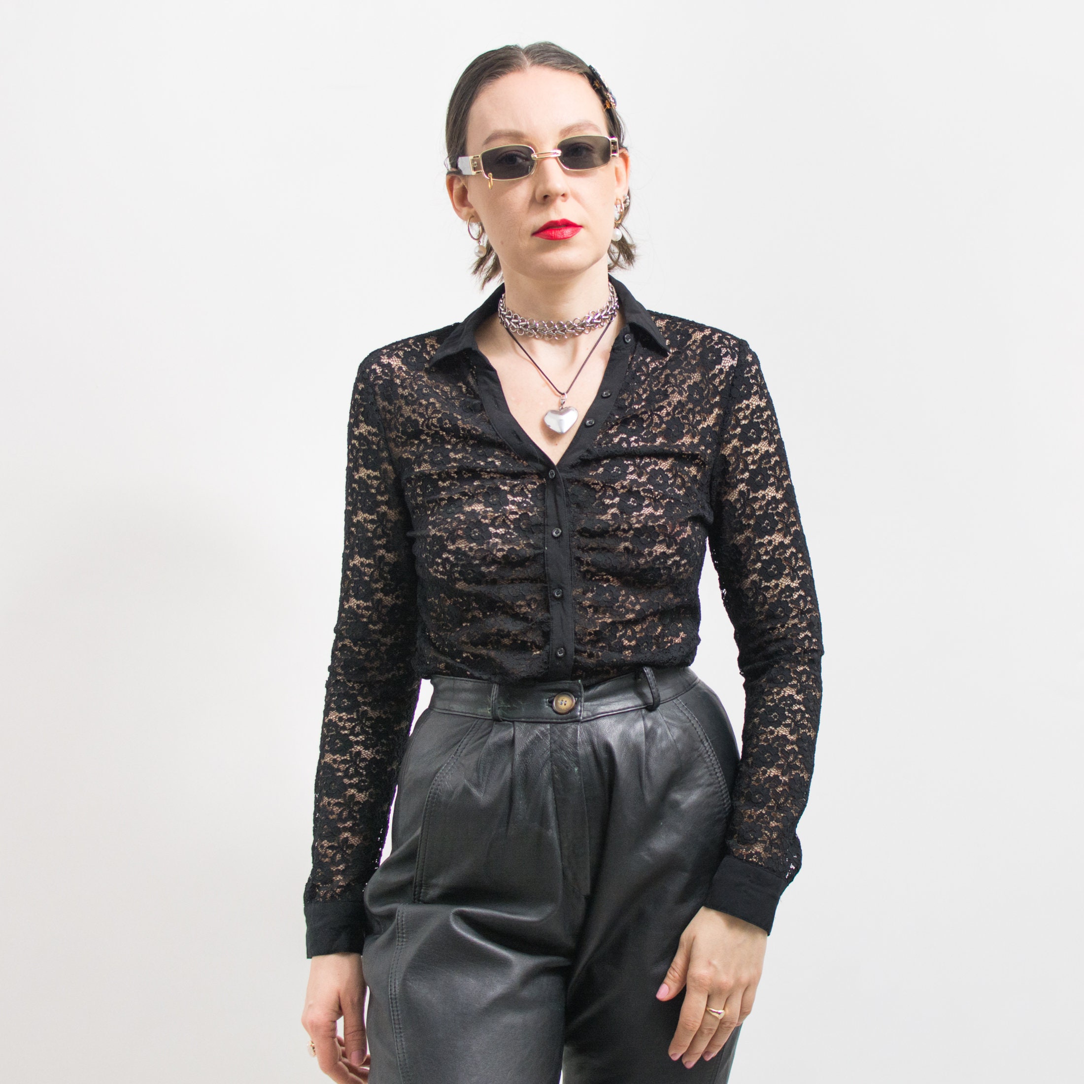 トップス vintage Black sheer top antique lace Lace Shirt Vintage Sheer Black Top Goth Long Sleeve Women