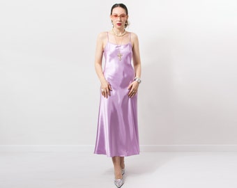 Minimalist satin slip dress Y2K vintage nightgown purple women size S/M
