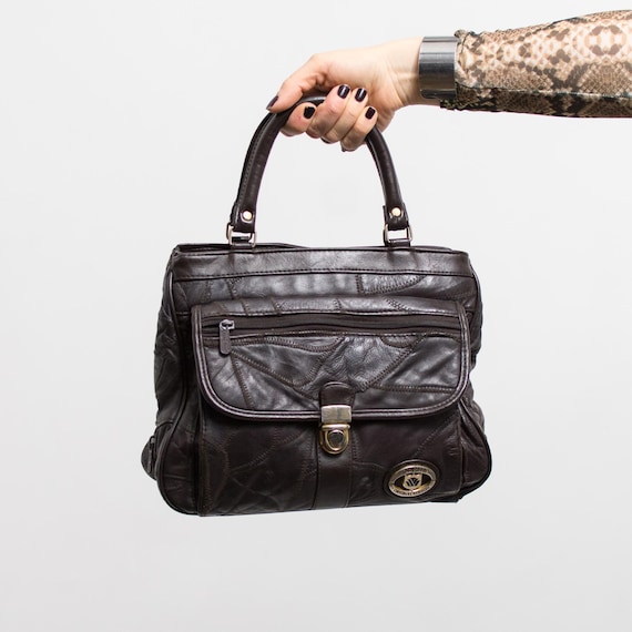 Vintage Brown Patchwork Leather Handbag | Top Handle Purse