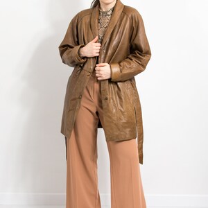 Oversized leather jacket Vintage brown belted trench coat women size M/L image 3