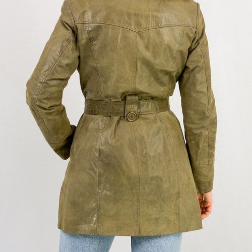 Vintage khaki leather jacket short trench shops women Large