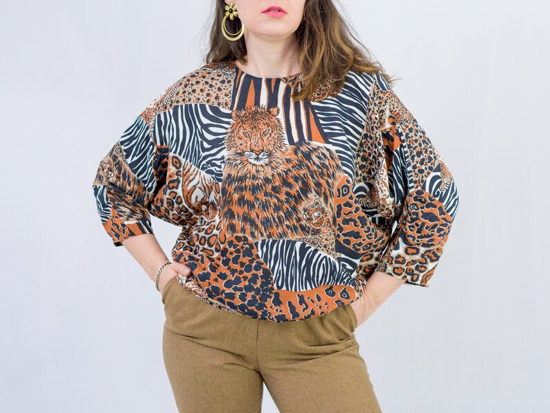 Leopard blouse animal print reglan sleeve shirt vintage oversized L-XXL image 2