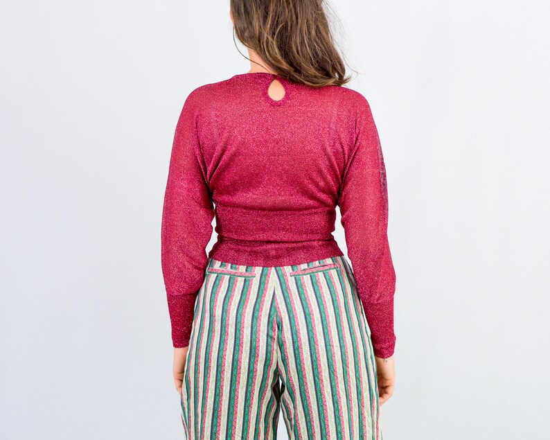 Rode partij top vintage jaren '90 brokaat metallic heldere blouse vrouwen lange reglan mouwen S / M afbeelding 6