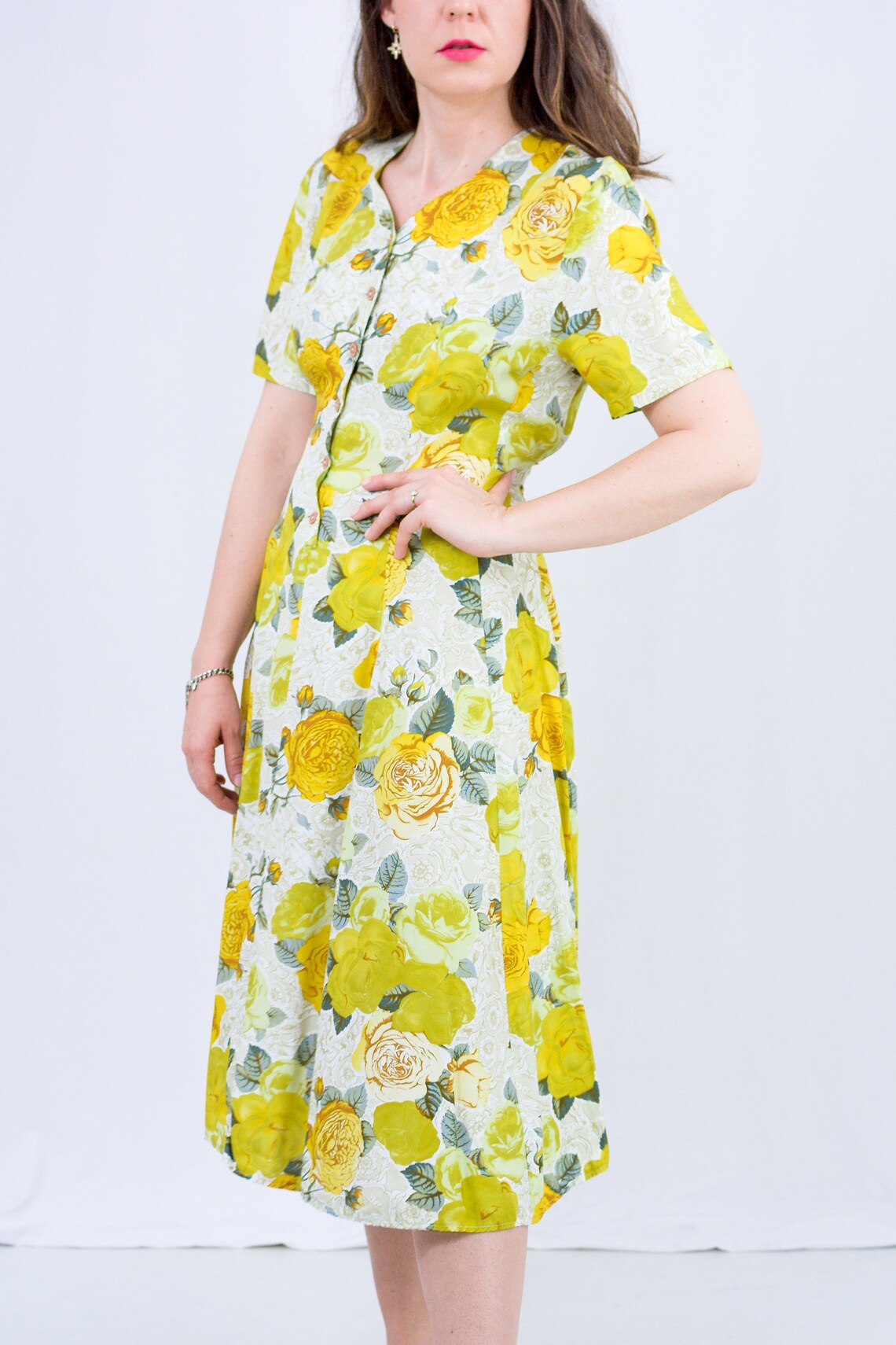 Vintage Floral Dress Yellow Flowers 90s Button up Short Sleeved S/M Etsy