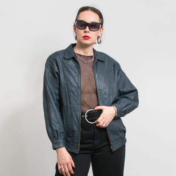 Buy 80's Bomber Leather Jacket Vintage Blue Oversized Women Size S
