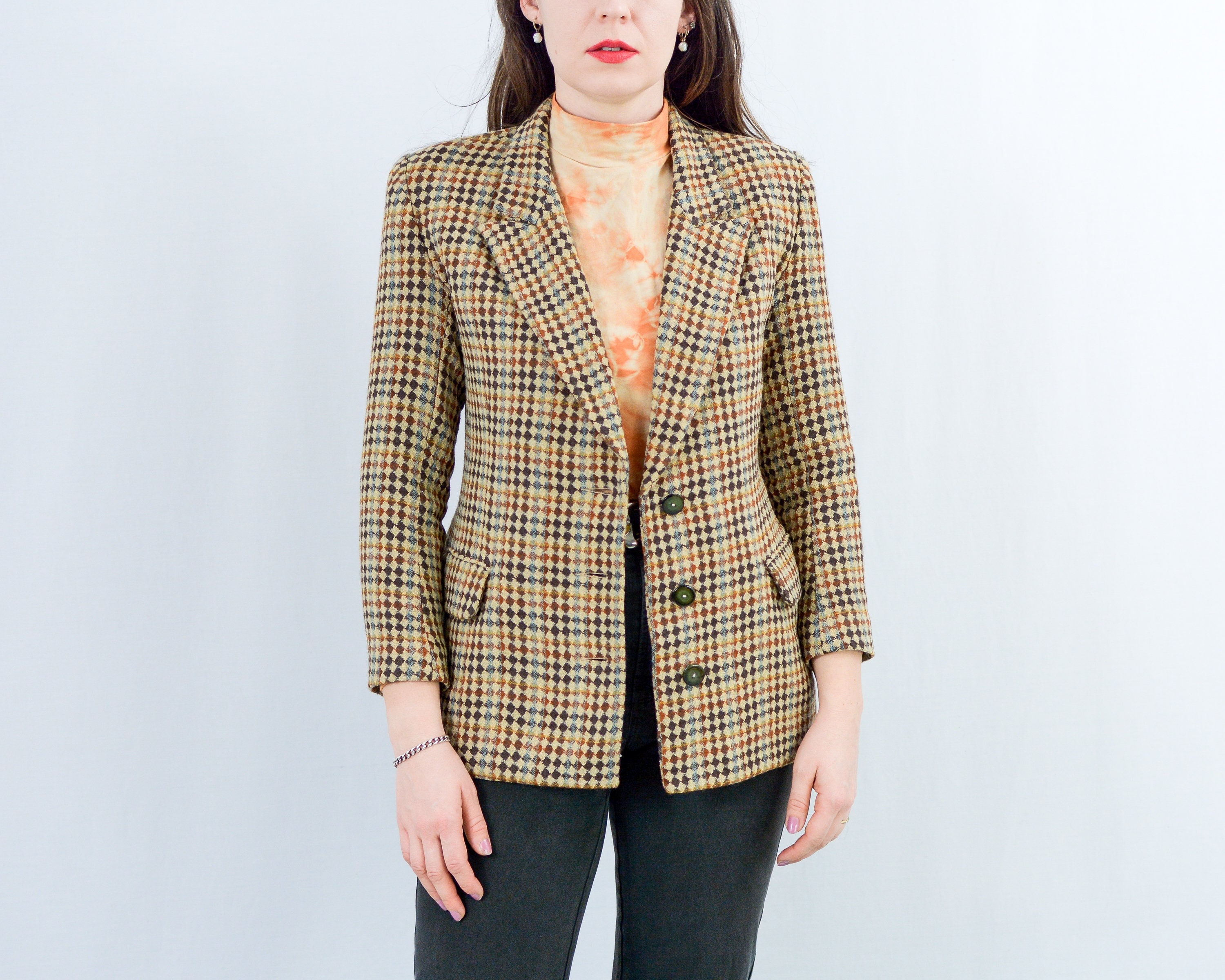 Houndstooth Jacket for Women, Houndstooth Wool Blazer With Belt