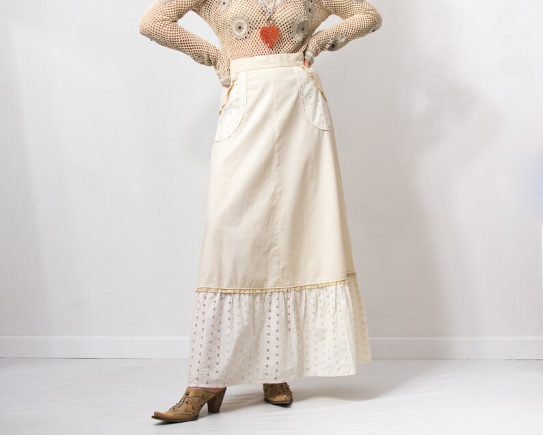 Boho maxi skirt Vintage cotton hippie beige women size M/L image 1