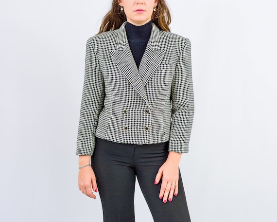 Vintage Wool Blazer Cropped Jacket Women Black White 90s