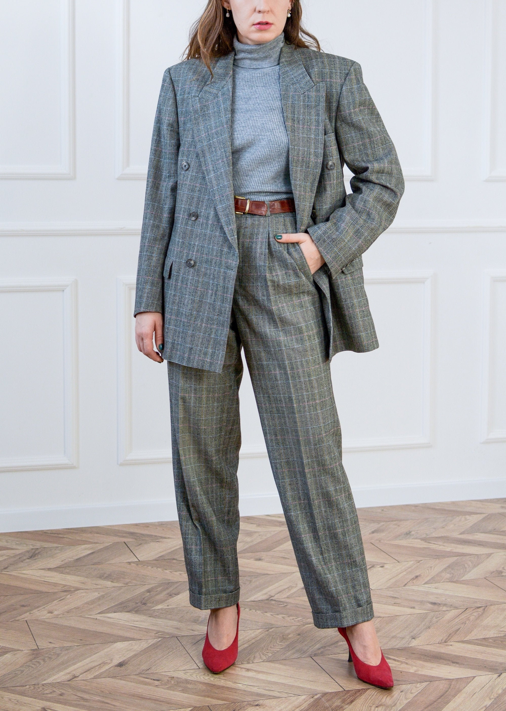 スーツ 90s 00s vintage wool double set up grey Vintage Grey Suit / Grey Wool Jacket and Pants / (C272