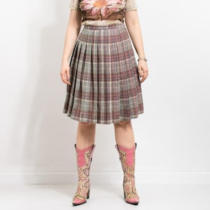 Merino wool skirt Vintage pleated tartan midi women size M