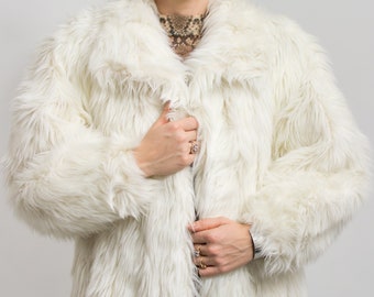 White faux fur Vintage long furry coat women size M