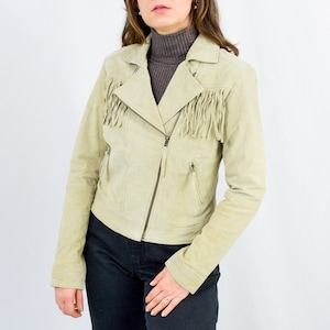 Fransen beige Lederjacke Vintage Ramones Biker Wildleder M/L