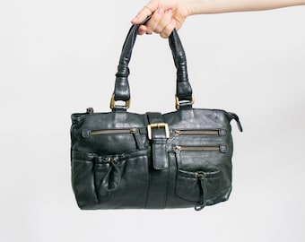 Black leather handbag vintage metal buckle women
