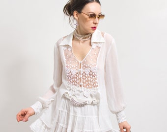 Transparent shirt Vintage sheer lace romantic top boho women size L/XL