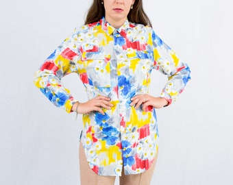 Regenboog katoenen shirt vintage gemaakt in Frankrijk jaren '70 hippie schilderijen blouse lange mouw M / L