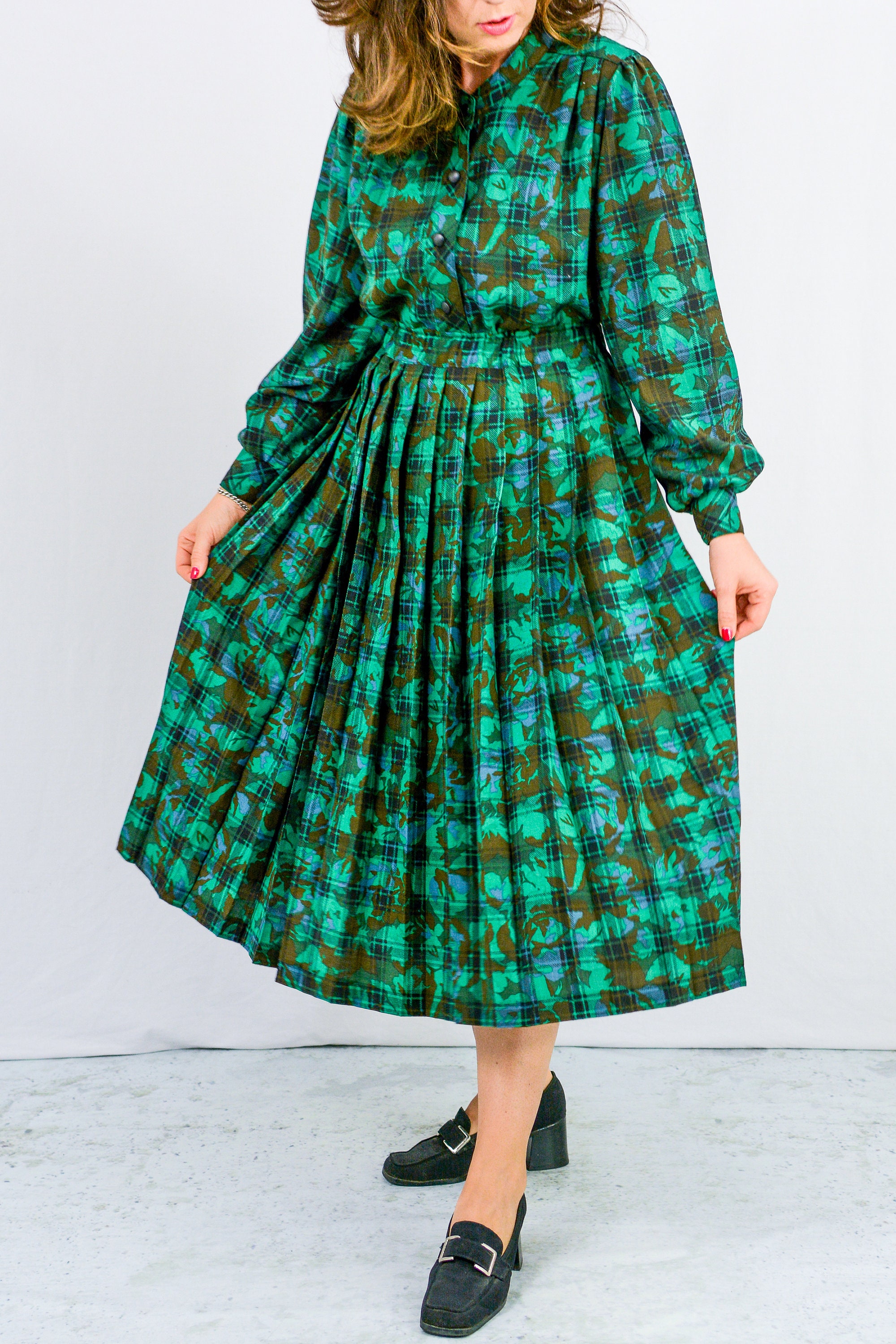 Green Plaid Set Skirt and Blouse Suit Tartan Vintage Wool Autumn Retro ...