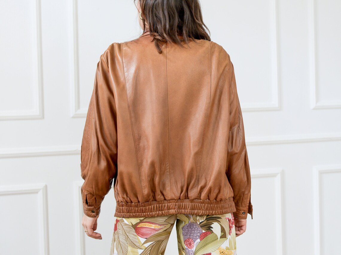 Caramel Leather Jacket 80s Orange Vintage Puffy Sleeve Bronze Etsy