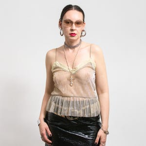 Sheer Spaghetti Strap Top | ruffled & lace camisole | transparent blouse | women's size S/M