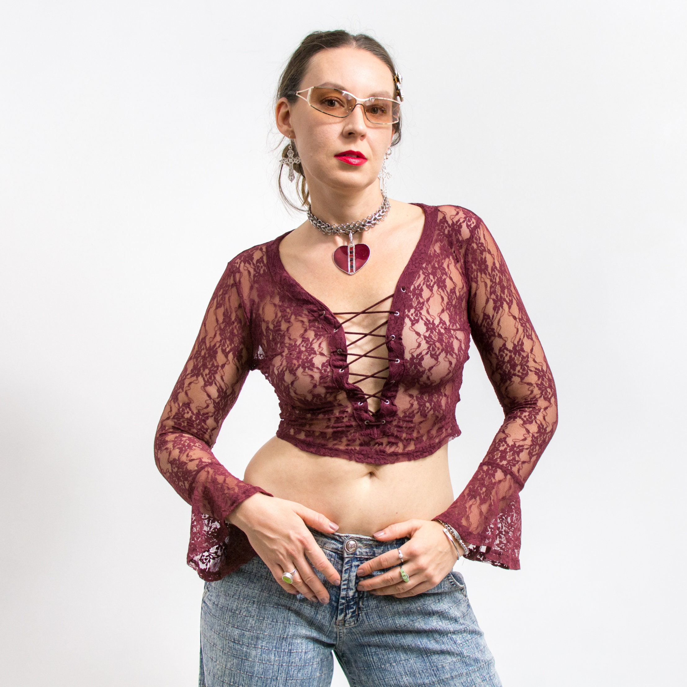 Women's Sheer Button Up Shirt Y2K Long Sleeve Lapel V Neck
