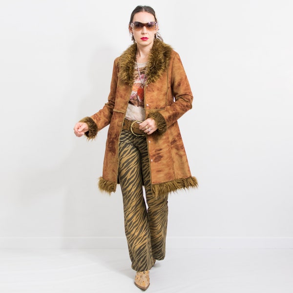 Sherpa coat vintage faux suede leather jacket faux fur winter women size M/L