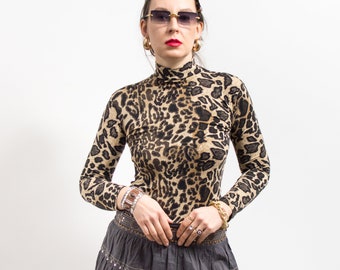 Leopard bodycon top vintage turtleneck blouse long sleeve women size S/M