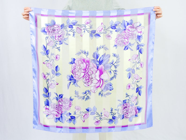 Floral scarf vintage floral sheer print purple retro square 38x38 inches / 96x96 cm image 1
