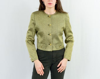 Gold blazer vintage 90s brocade cropped jacket golden buttons women L/XL