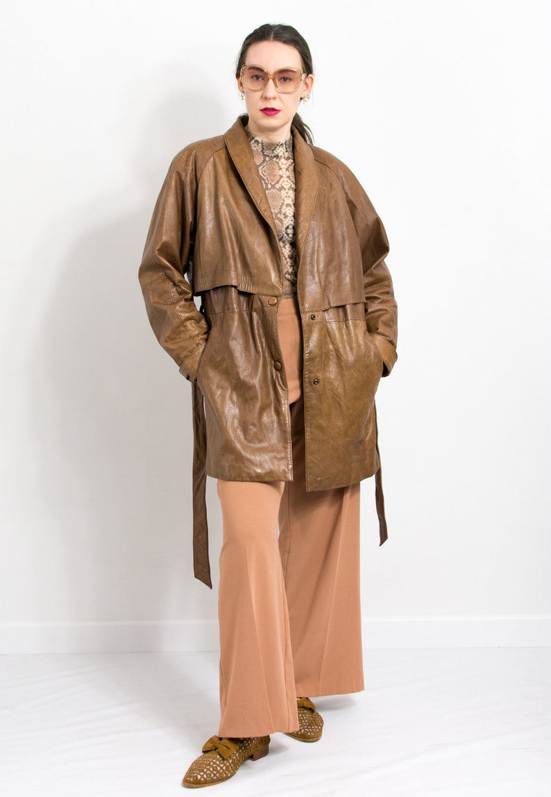 Oversized leather jacket Vintage brown belted trench coat women size M/L image 2