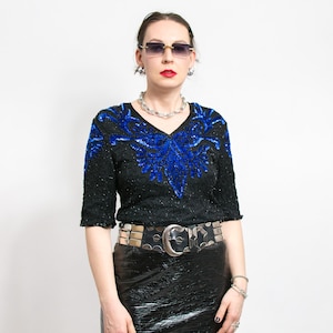 80&#39;s Silk Sequin Blouse Vintage disco top party oversized women size M