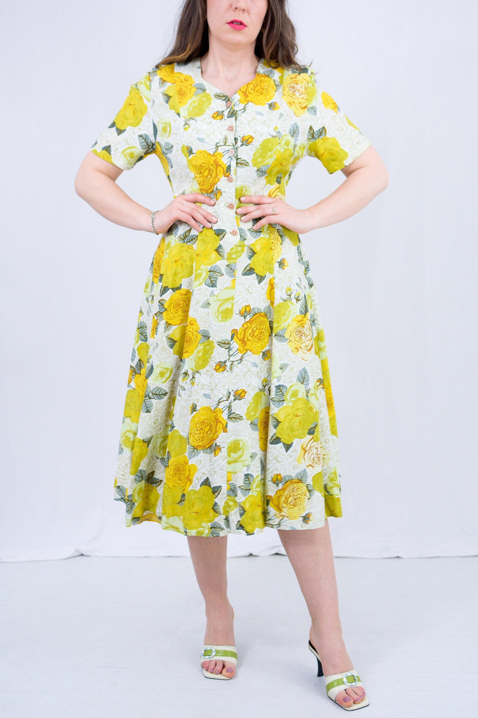 Vintage Floral Dress Yellow Flowers 90s Button up Short Sleeved S/M Etsy