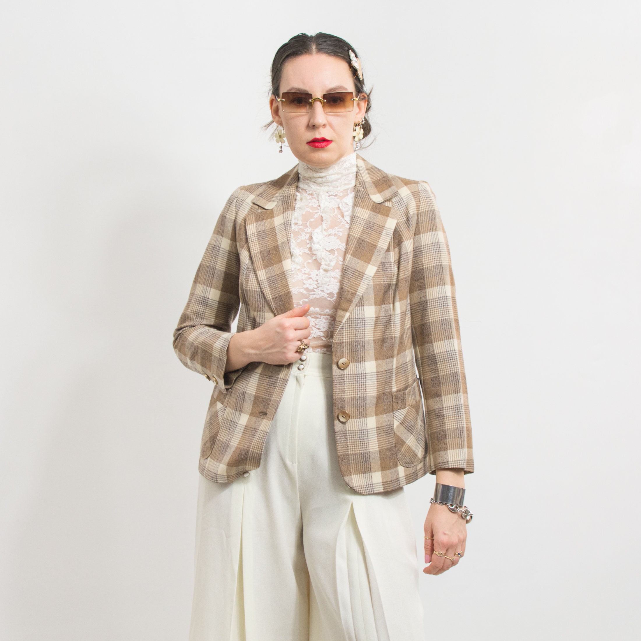 Helena - Vintage Plaid Stand-Neck Blazer
