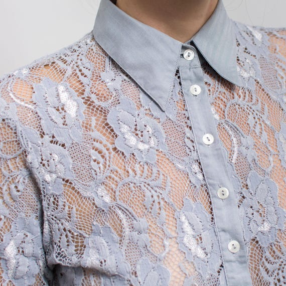 Lace Shirt Vintage Sheer Gray Top Mesh Long Sleeve Women
