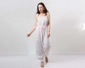 Vintage jumpsuit boho pajama lingerie white one piece women XL