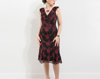 Bodycon lace dress vintage floral red roses cocktail spanish size M