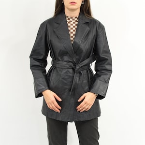 Vintage leather jacket 90s belted trench oversized M/L
