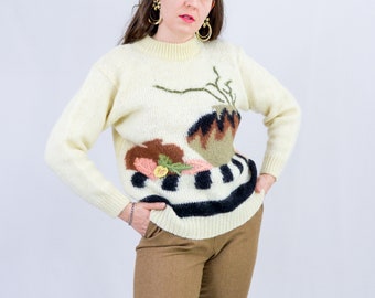 Mohair jumper vintage cream sweater hairy retro M Medium