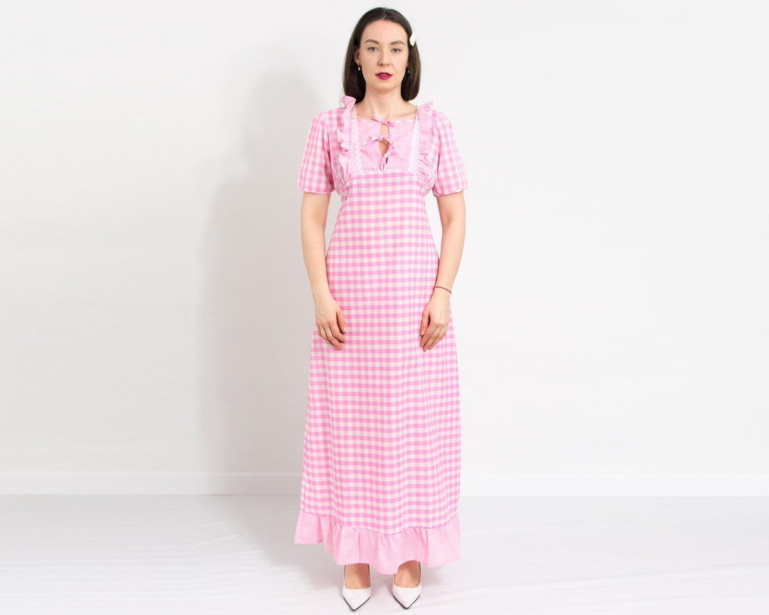 Check Babydoll Dress Pink White Prairie Cottage Maxi Women Etsy