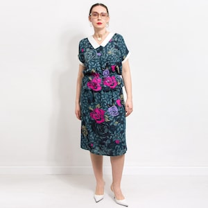 Floral passende Set Vintage Sommer Anzug Bluse und Rock 90er Jahre Damen Größe L/XL