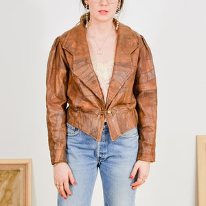 Chaqueta de piel patchwork vintage años 80 cropped caramelo M