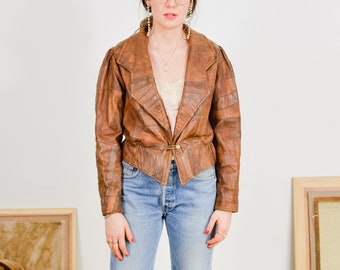 Patchwork chaqueta de cuero vintage de los años 80 caramelo recortado M Medium