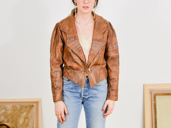 Patchwork Leather Jacket Vintage 80s Caramel Cropped M Medium