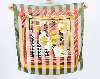 Abstract scarf vintage striped sheer print retro square 40x40 inches / 102x102 cm