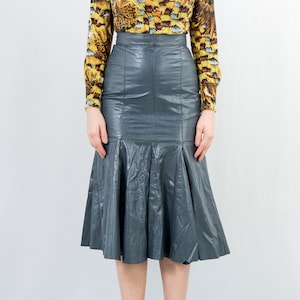 Gray leather skirt vintage 80s frill midi W27 women Medium