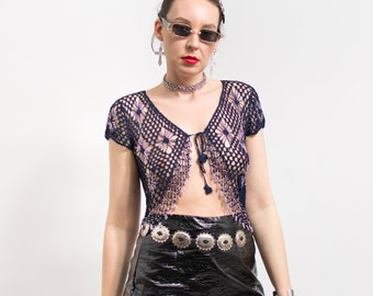 Crochet boho top transparent festival blouse vintage sheer women size M