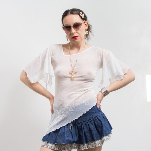 White sheer blouse asymmetrical top vintage hippie women size S